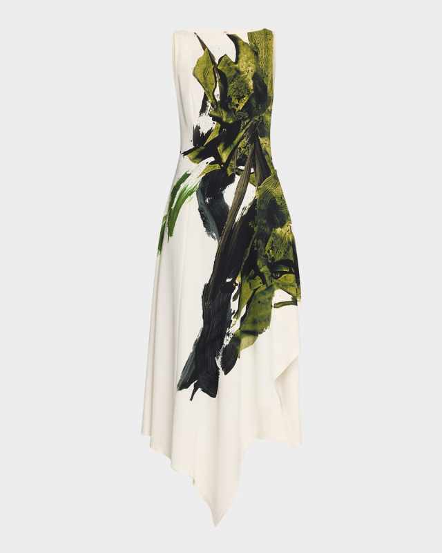 Brushstroke Boatneck Fit-Flare Crepe Dress